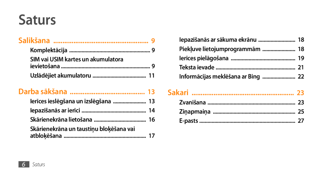 Samsung GT-I8700YKBSEB manual Saturs, SIM vai Usim kartes un akumulatora 