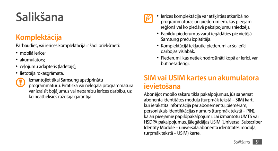 Samsung GT-I8700YKBSEB manual Salikšana, Komplektācija, SIM vai Usim kartes un akumulatora ievietošana 