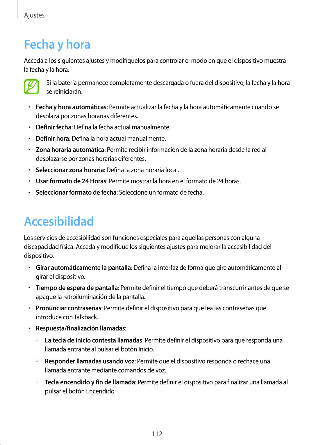 Samsung GT-I8730TAAMEO, GT-I8730ZWADBT, GT-I8730ZWAYOG manual Fecha y hora, Accesibilidad, Respuesta/finalización llamadas 