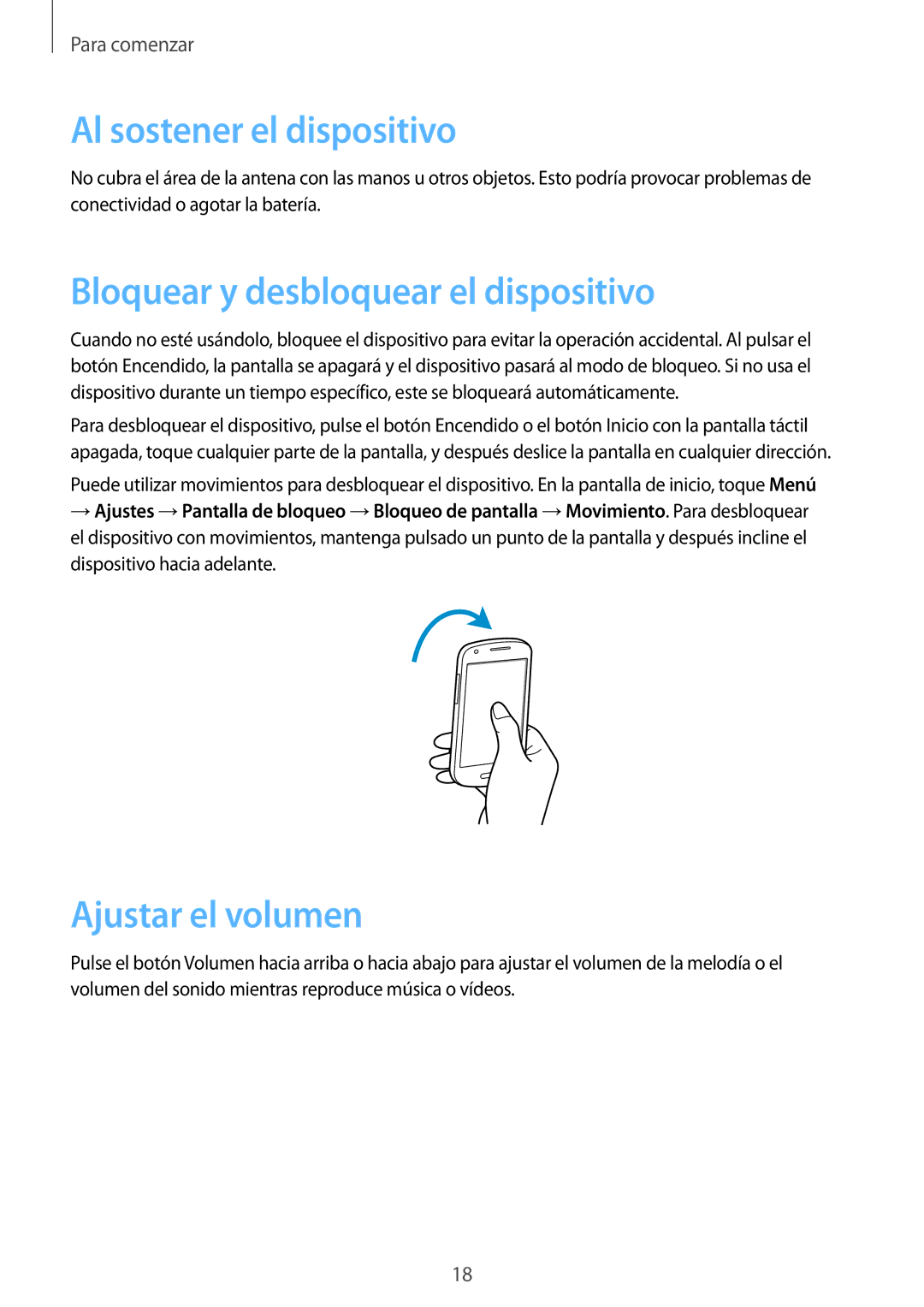 Samsung GT-I8730ZWAYOG manual Al sostener el dispositivo, Bloquear y desbloquear el dispositivo, Ajustar el volumen 