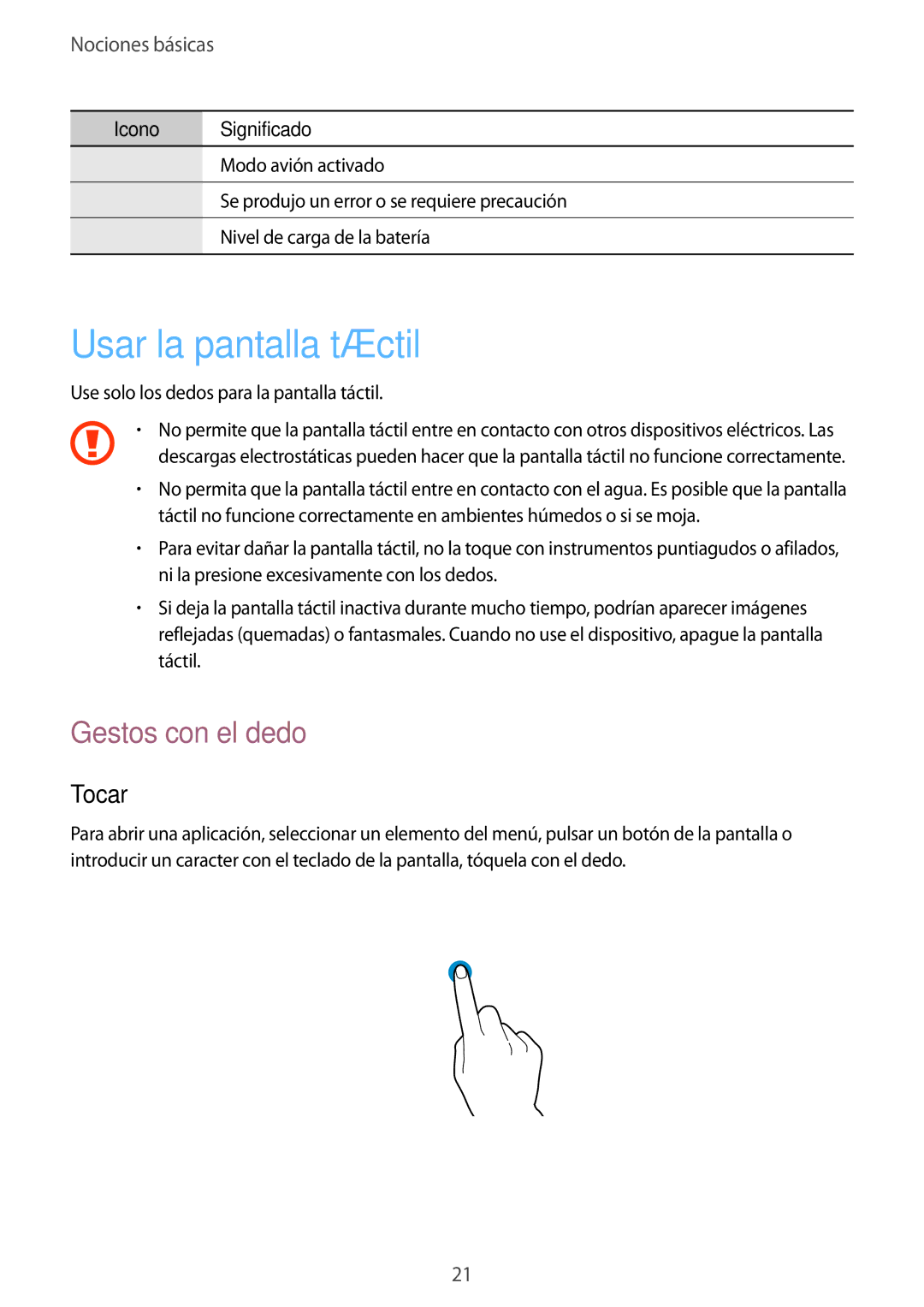 Samsung GT-I8730TAATPH, GT-I8730TAAMEO, GT-I8730ZWADBT, GT-I8730ZWAYOG Usar la pantalla táctil, Gestos con el dedo, Tocar 