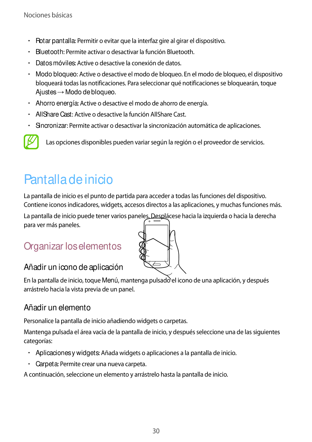 Samsung GT-I8730TAAATL Pantalla de inicio, Organizar los elementos, Añadir un icono de aplicación, Añadir un elemento 