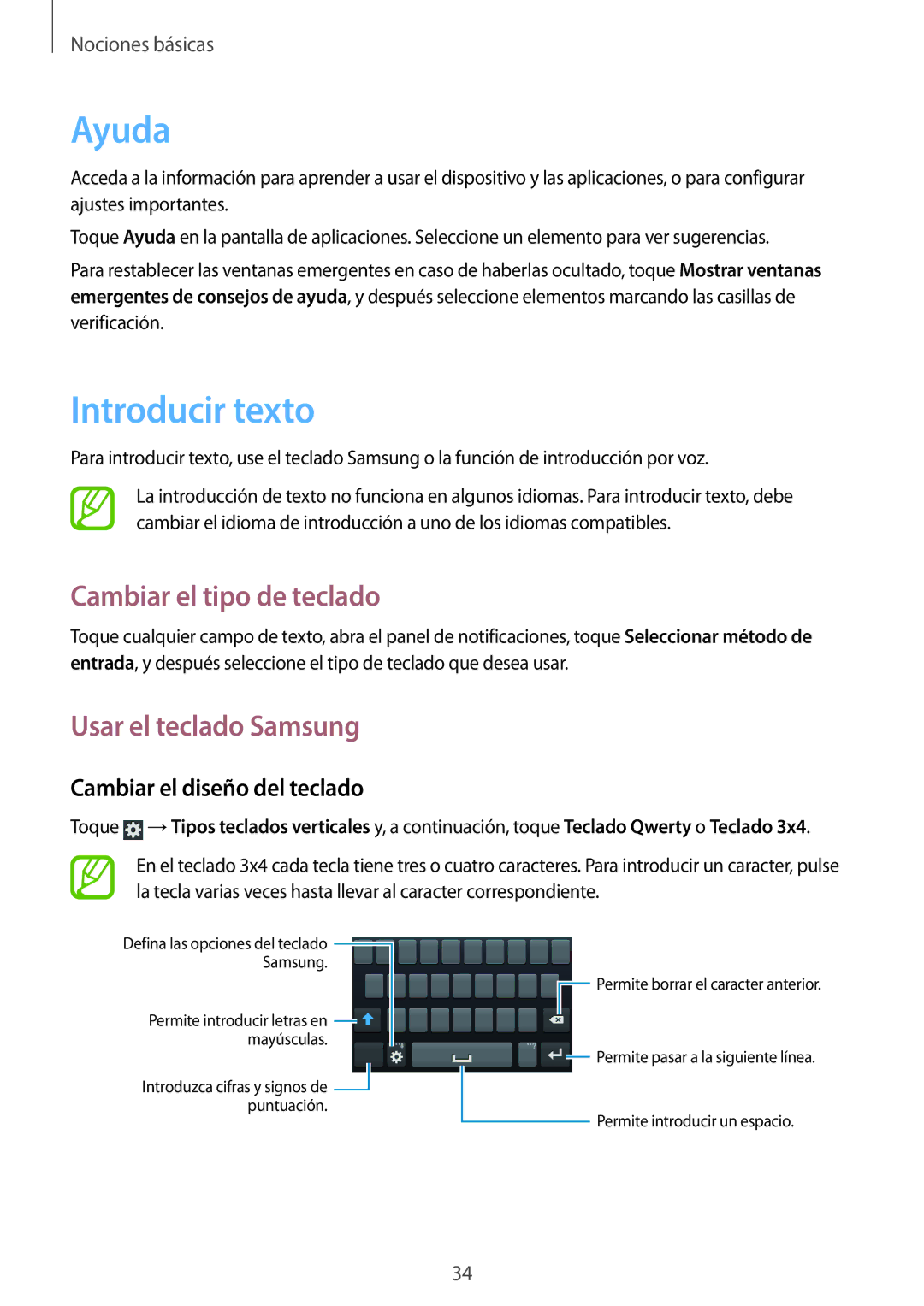 Samsung GT-I8730ZWAYOG, GT-I8730TAAMEO manual Ayuda, Introducir texto, Cambiar el tipo de teclado, Usar el teclado Samsung 