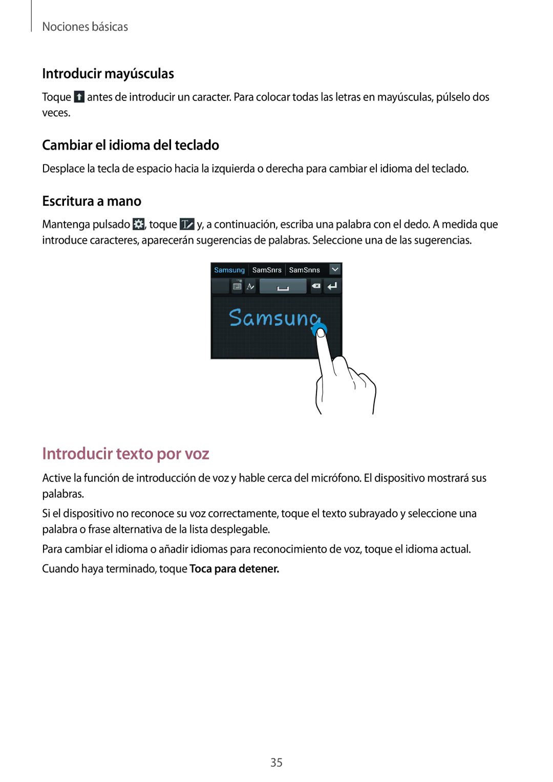 Samsung GT-I8730ZWAAMN Introducir texto por voz, Introducir mayúsculas, Cambiar el idioma del teclado, Escritura a mano 