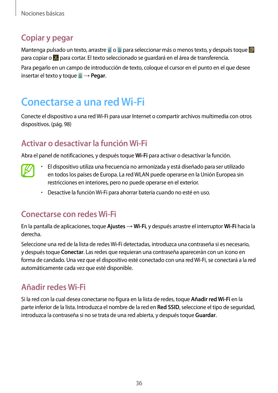 Samsung GT-I8730ZWAPHE, GT-I8730TAAMEO Conectarse a una red Wi-Fi, Copiar y pegar, Activar o desactivar la función Wi-Fi 