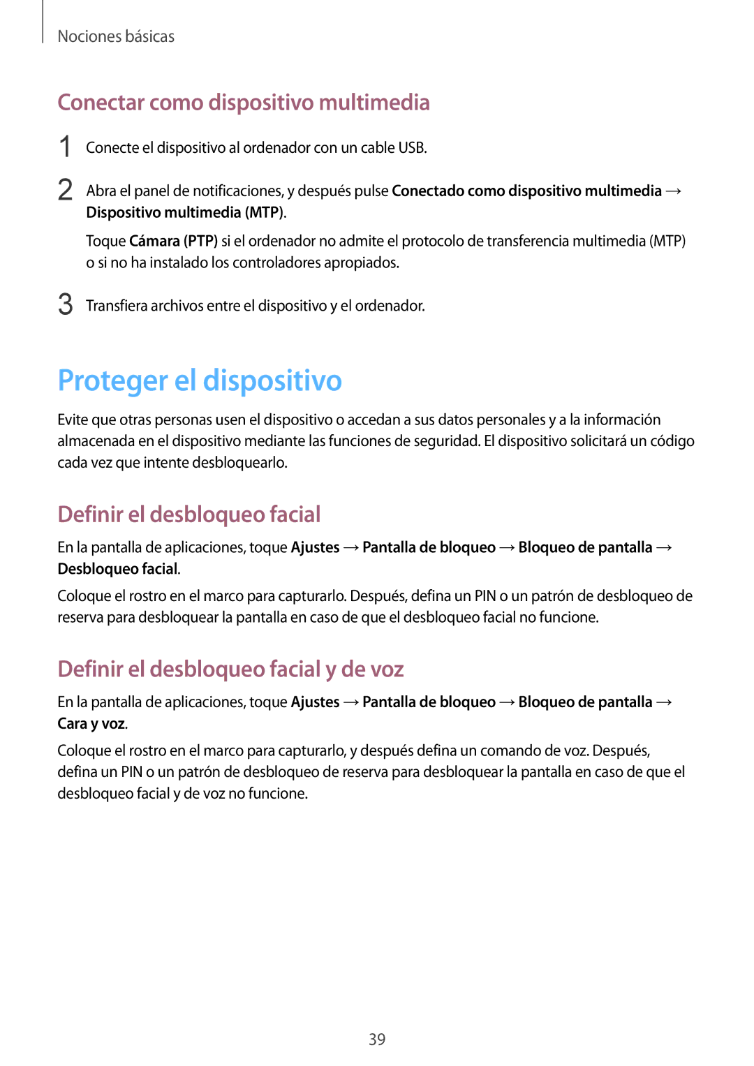 Samsung GT-I8730TAAAMN manual Proteger el dispositivo, Conectar como dispositivo multimedia, Definir el desbloqueo facial 