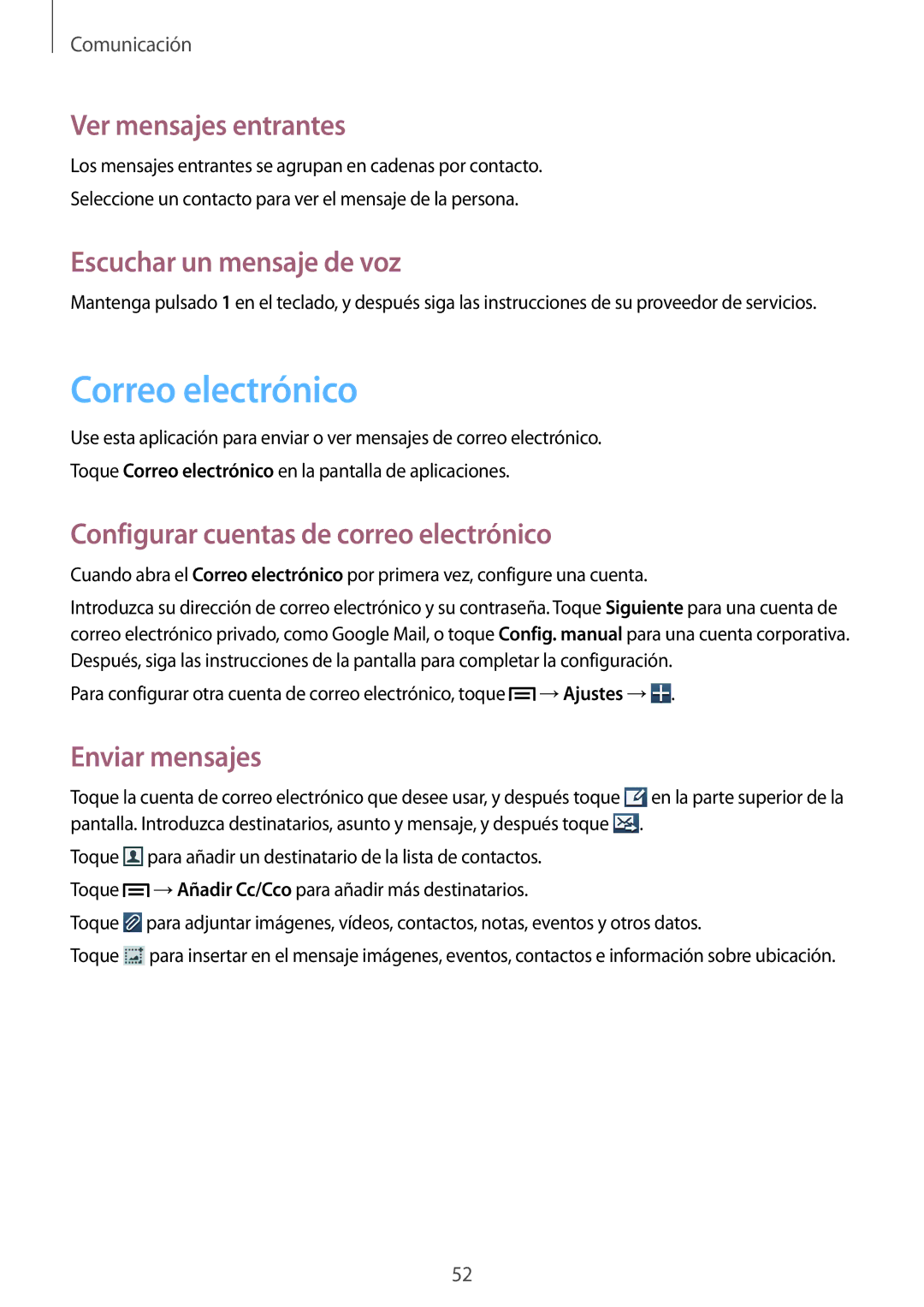 Samsung GT-I8730ZWAPHE, GT-I8730TAAMEO manual Correo electrónico, Ver mensajes entrantes, Escuchar un mensaje de voz 