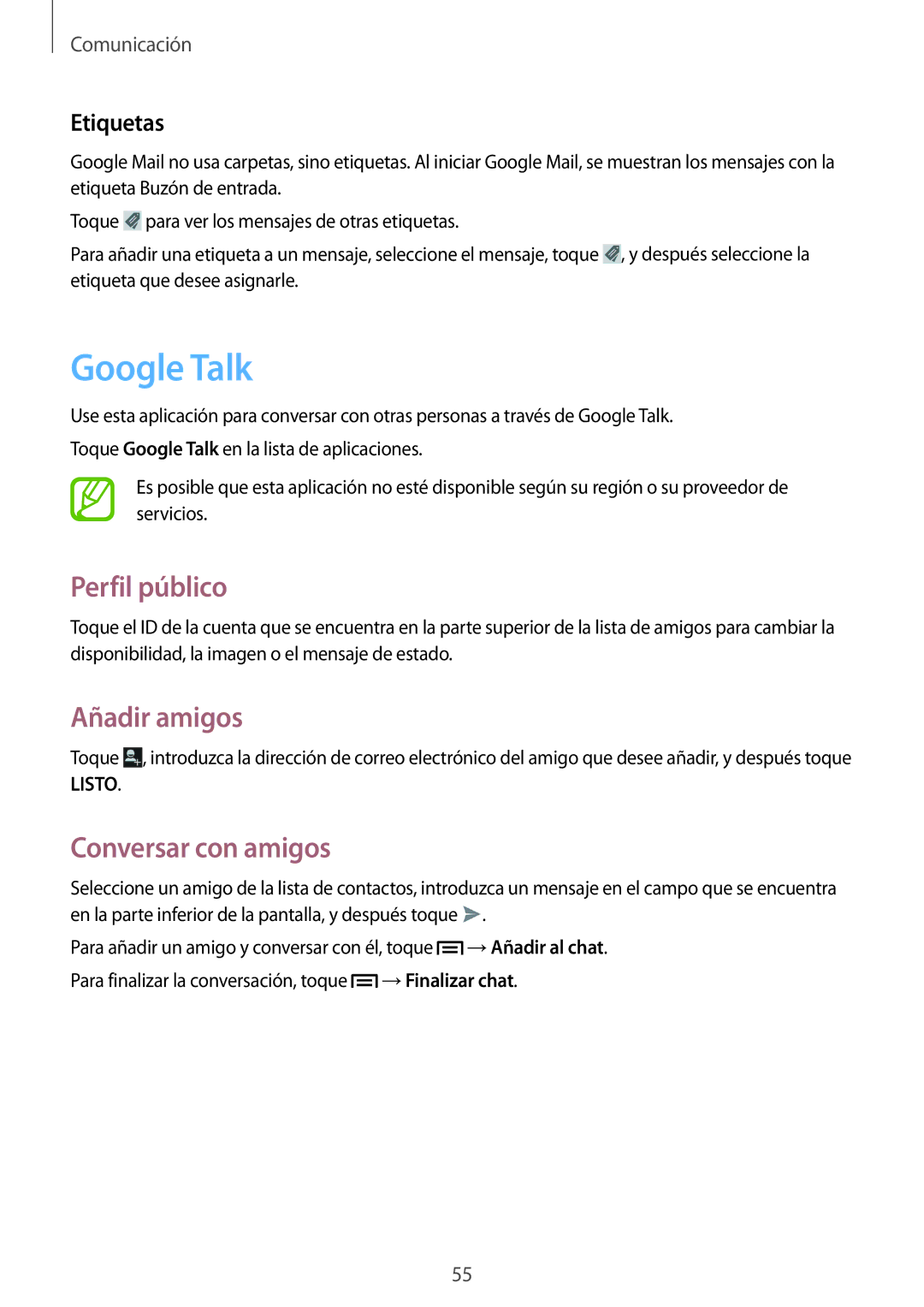 Samsung GT-I8730TAAAMN, GT-I8730TAAMEO manual Google Talk, Perfil público, Añadir amigos, Conversar con amigos, Etiquetas 