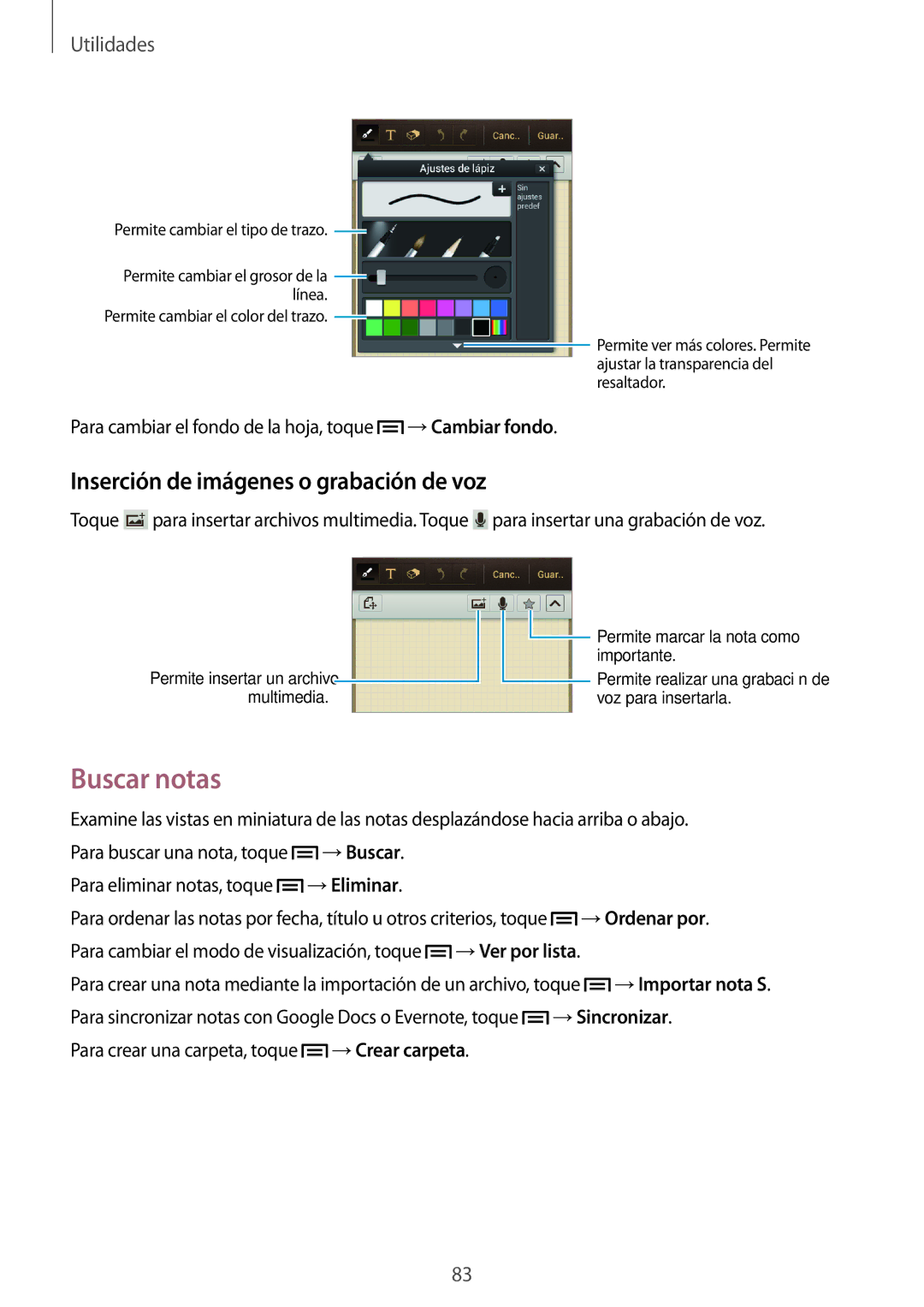 Samsung GT-I8730ZWAAMN, GT-I8730TAAMEO, GT-I8730ZWADBT manual Buscar notas, Inserción de imágenes o grabación de voz 