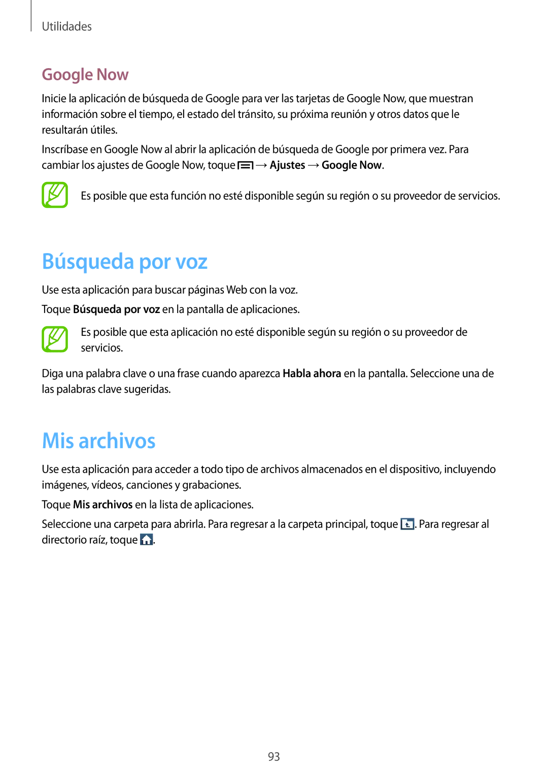 Samsung GT-I8730TAATPH, GT-I8730TAAMEO, GT-I8730ZWADBT, GT-I8730ZWAYOG manual Búsqueda por voz, Mis archivos, Google Now 