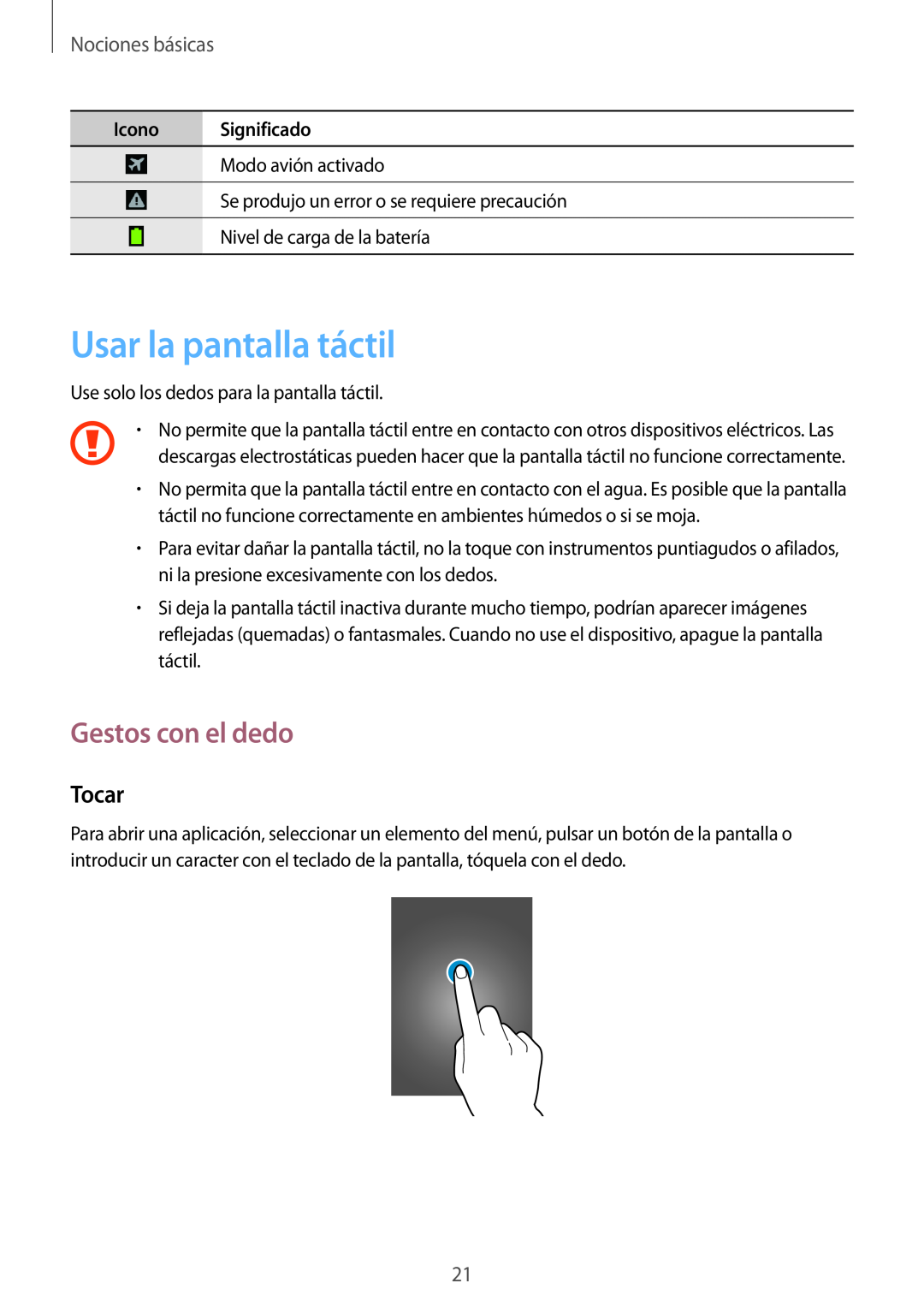 Samsung GT-I8730TAATPH manual Usar la pantalla táctil, Gestos con el dedo, Tocar, Nociones básicas, Icono Significado 