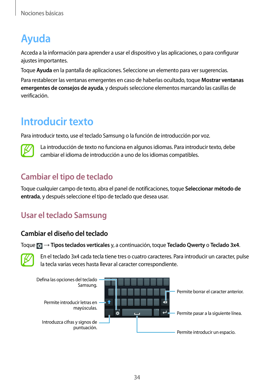 Samsung GT-I8730ZWAYOG Ayuda, Introducir texto, Cambiar el tipo de teclado, Usar el teclado Samsung, Nociones básicas 