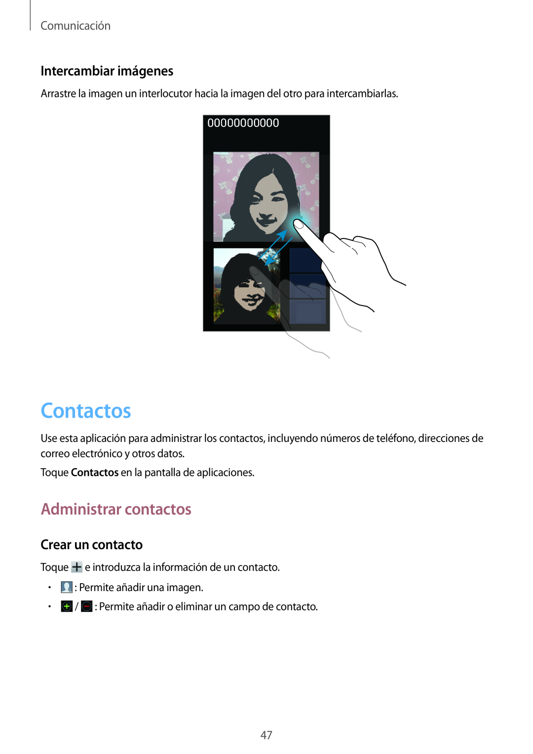 Samsung GT-I8730TAAAMN manual Contactos, Administrar contactos, Intercambiar imágenes, Crear un contacto, Comunicación 