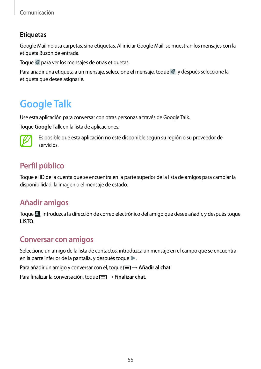 Samsung GT-I8730TAAAMN Google Talk, Perfil público, Añadir amigos, Conversar con amigos, Etiquetas, Listo, Comunicación 