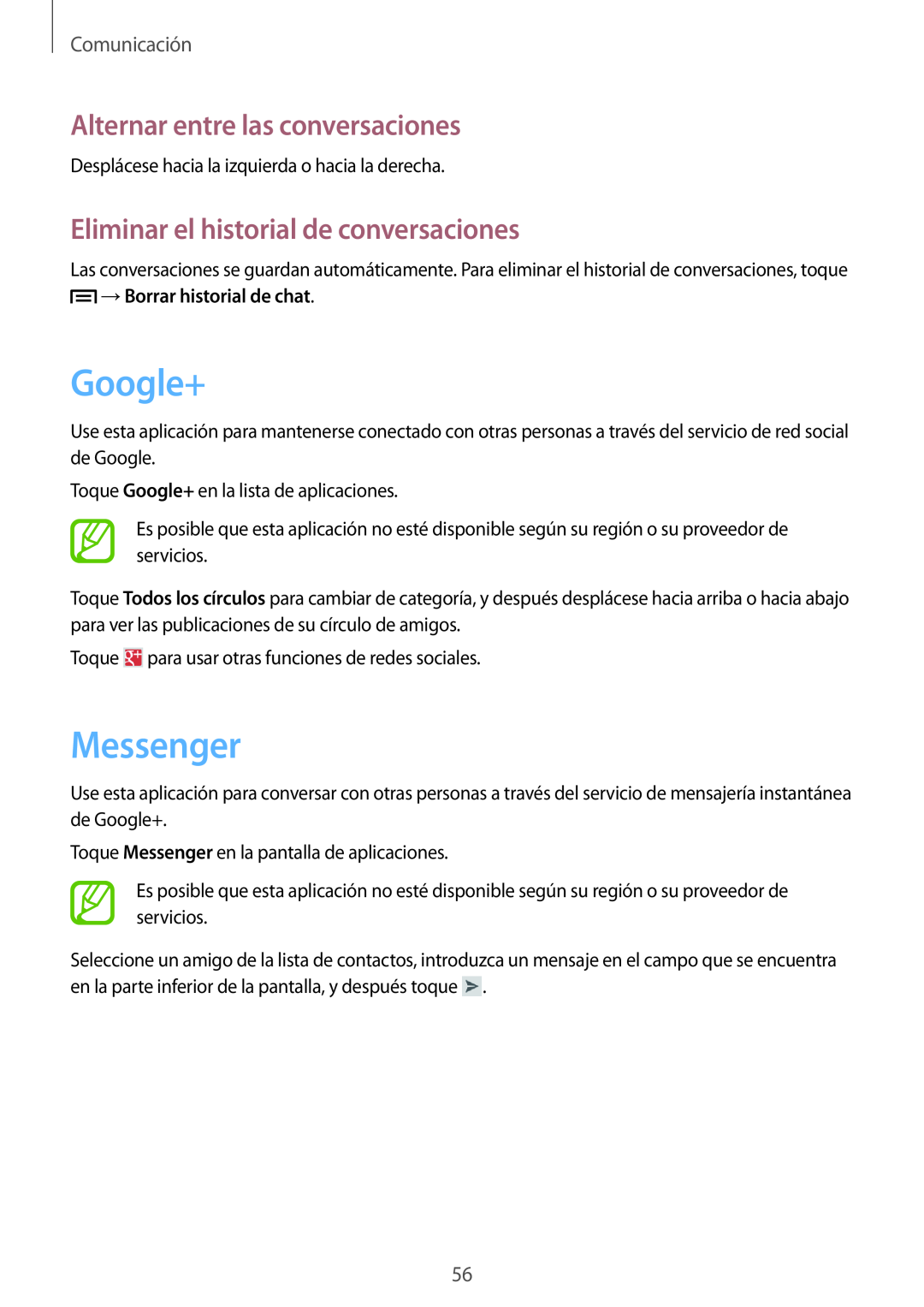 Samsung GT-I8730TAAMEO Google+, Messenger, Alternar entre las conversaciones, Eliminar el historial de conversaciones 