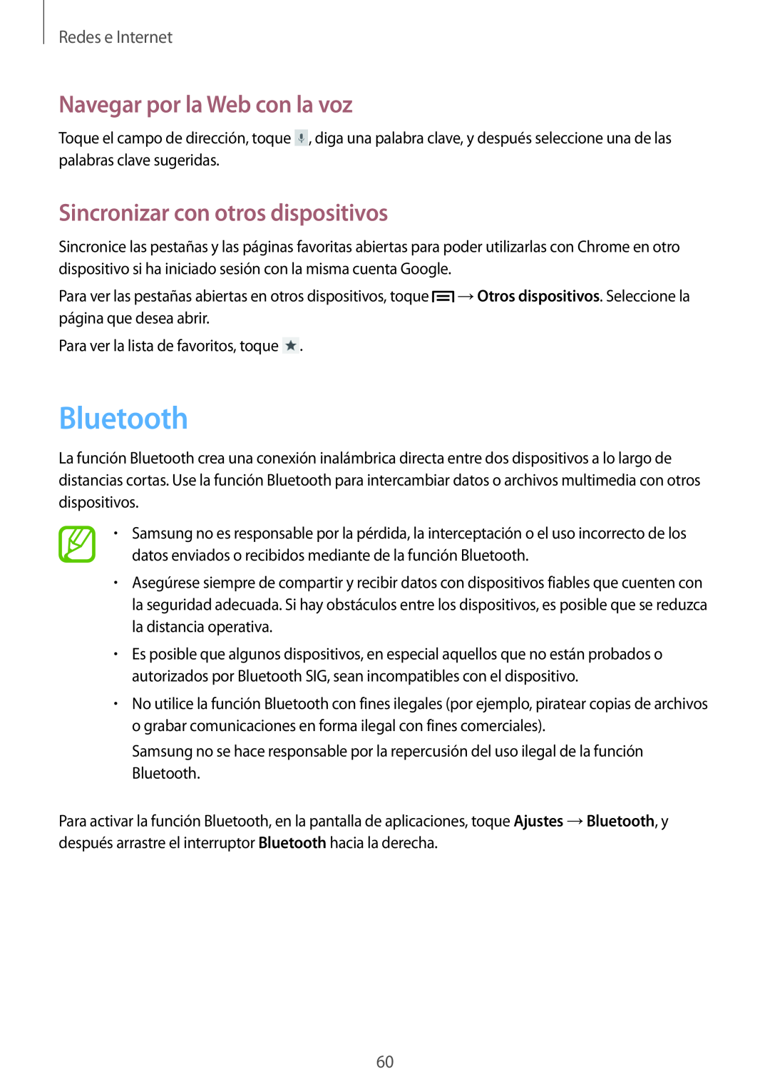 Samsung GT-I8730ZWAPHE Bluetooth, Sincronizar con otros dispositivos, Navegar por la Web con la voz, Redes e Internet 