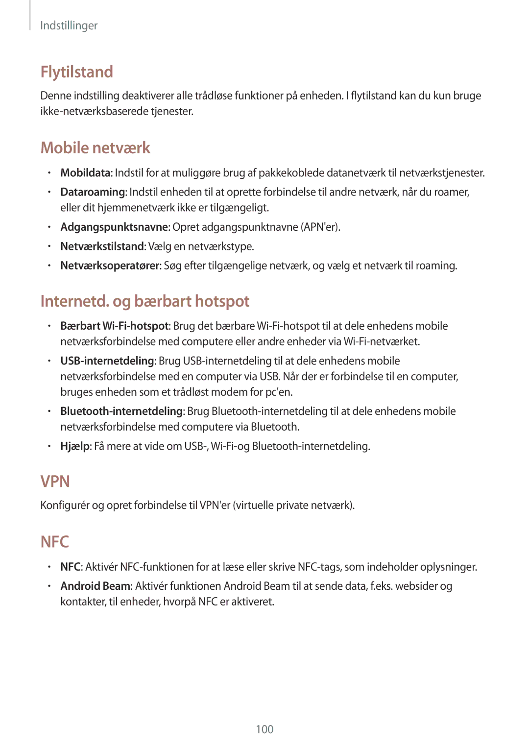 Samsung GT-I8730TAANEE, GT-I8730ZWANEE manual Flytilstand, Mobile netværk, Internetd. og bærbart hotspot 