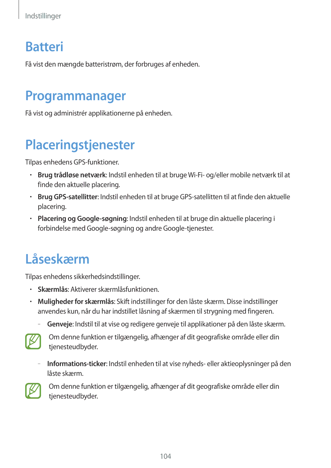 Samsung GT-I8730TAANEE, GT-I8730ZWANEE manual Batteri, Programmanager, Placeringstjenester, Låseskærm 