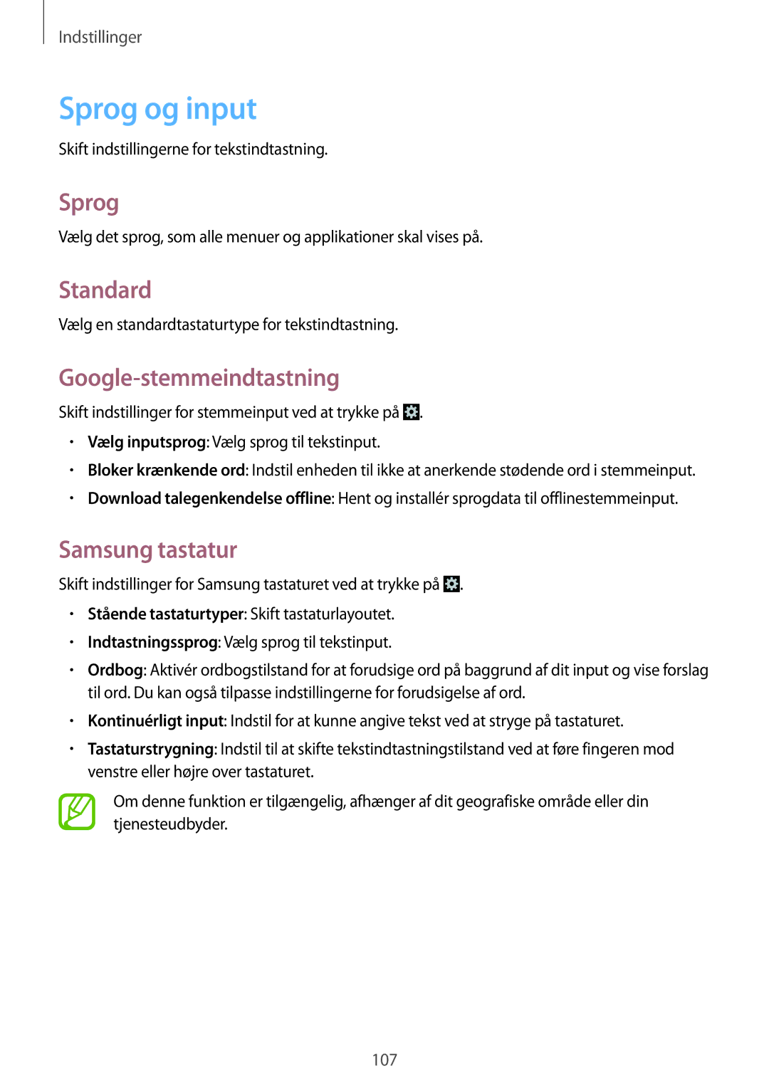 Samsung GT-I8730ZWANEE, GT-I8730TAANEE manual Sprog og input, Standard, Google-stemmeindtastning, Samsung tastatur 