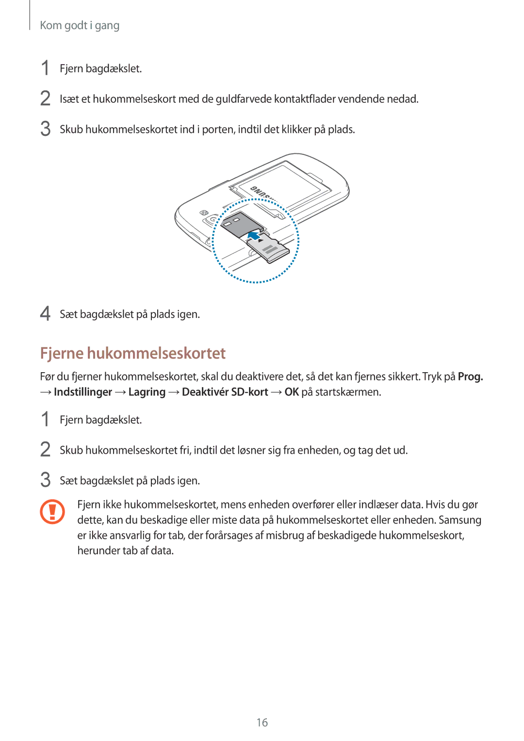 Samsung GT-I8730TAANEE, GT-I8730ZWANEE manual Fjerne hukommelseskortet 