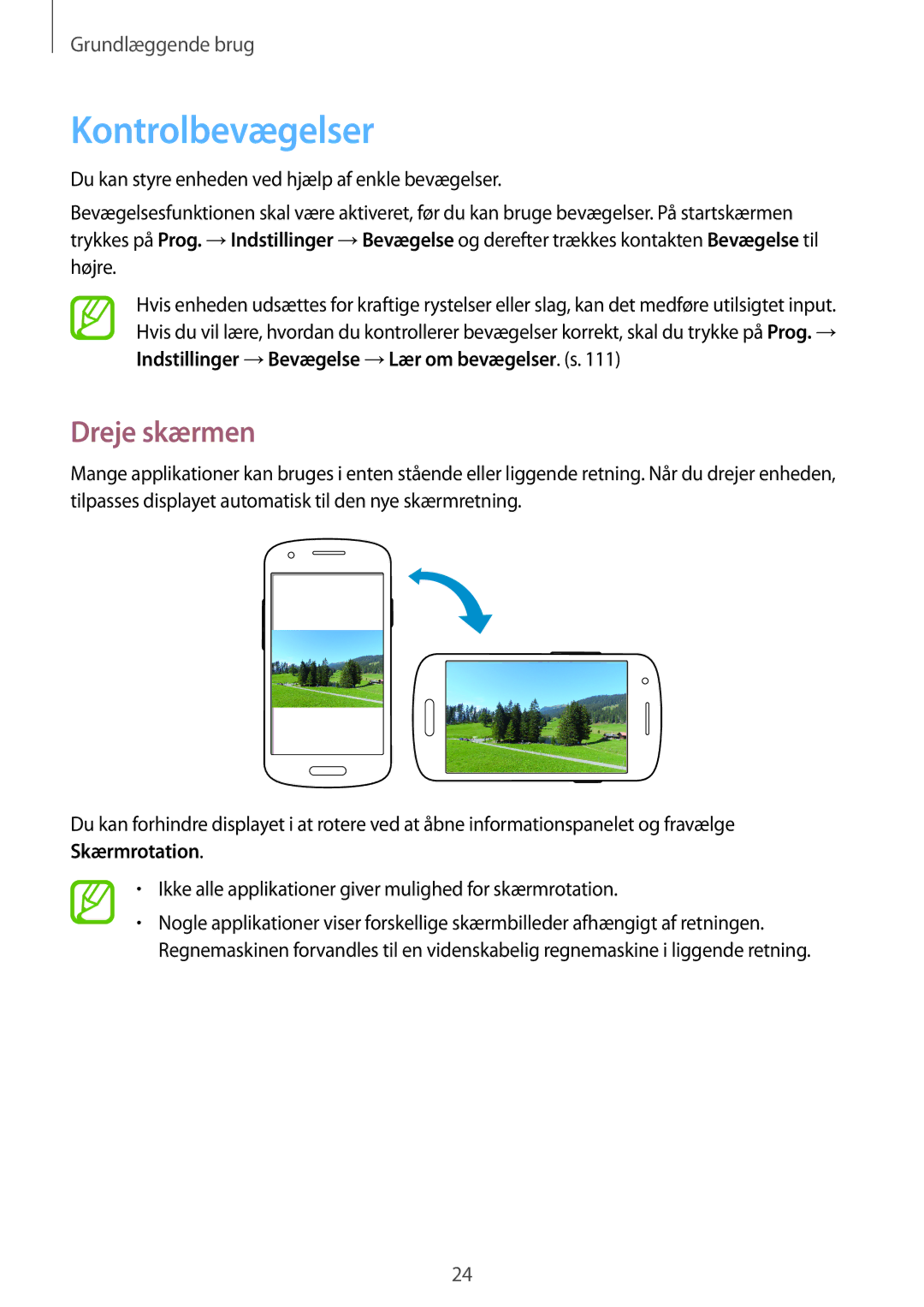 Samsung GT-I8730TAANEE, GT-I8730ZWANEE manual Kontrolbevægelser, Dreje skærmen 