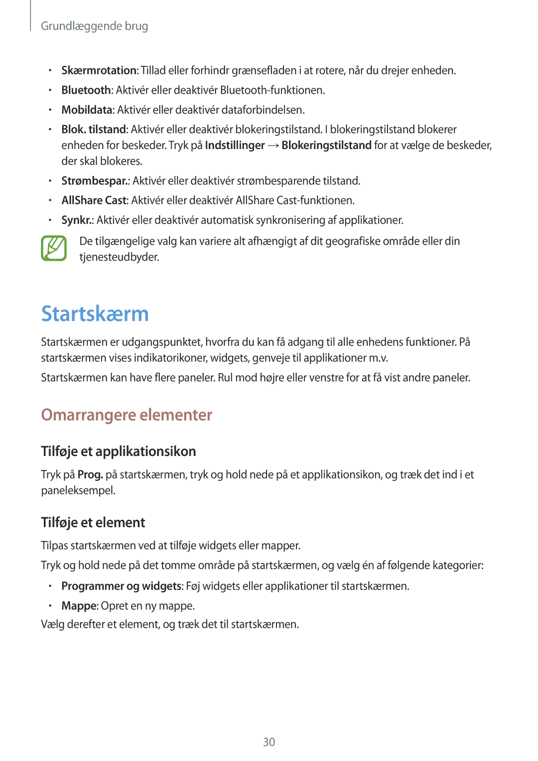 Samsung GT-I8730TAANEE, GT-I8730ZWANEE Startskærm, Omarrangere elementer, Tilføje et applikationsikon, Tilføje et element 