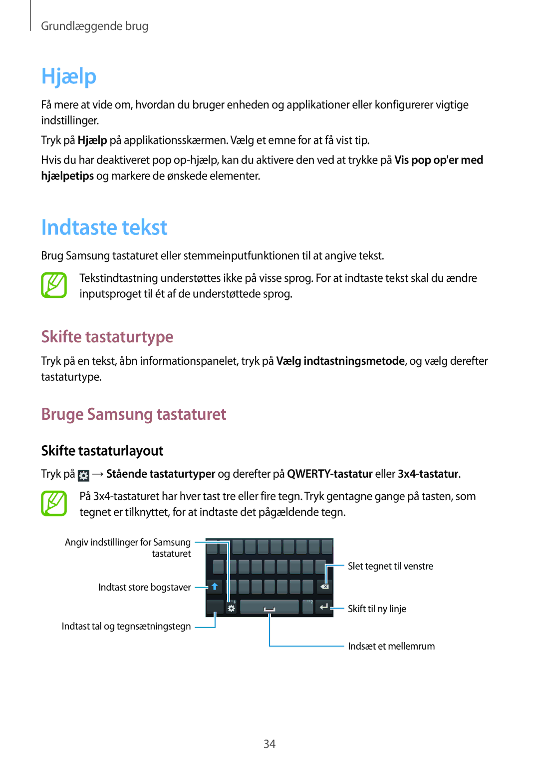 Samsung GT-I8730TAANEE manual Hjælp, Indtaste tekst, Skifte tastaturtype, Bruge Samsung tastaturet, Skifte tastaturlayout 