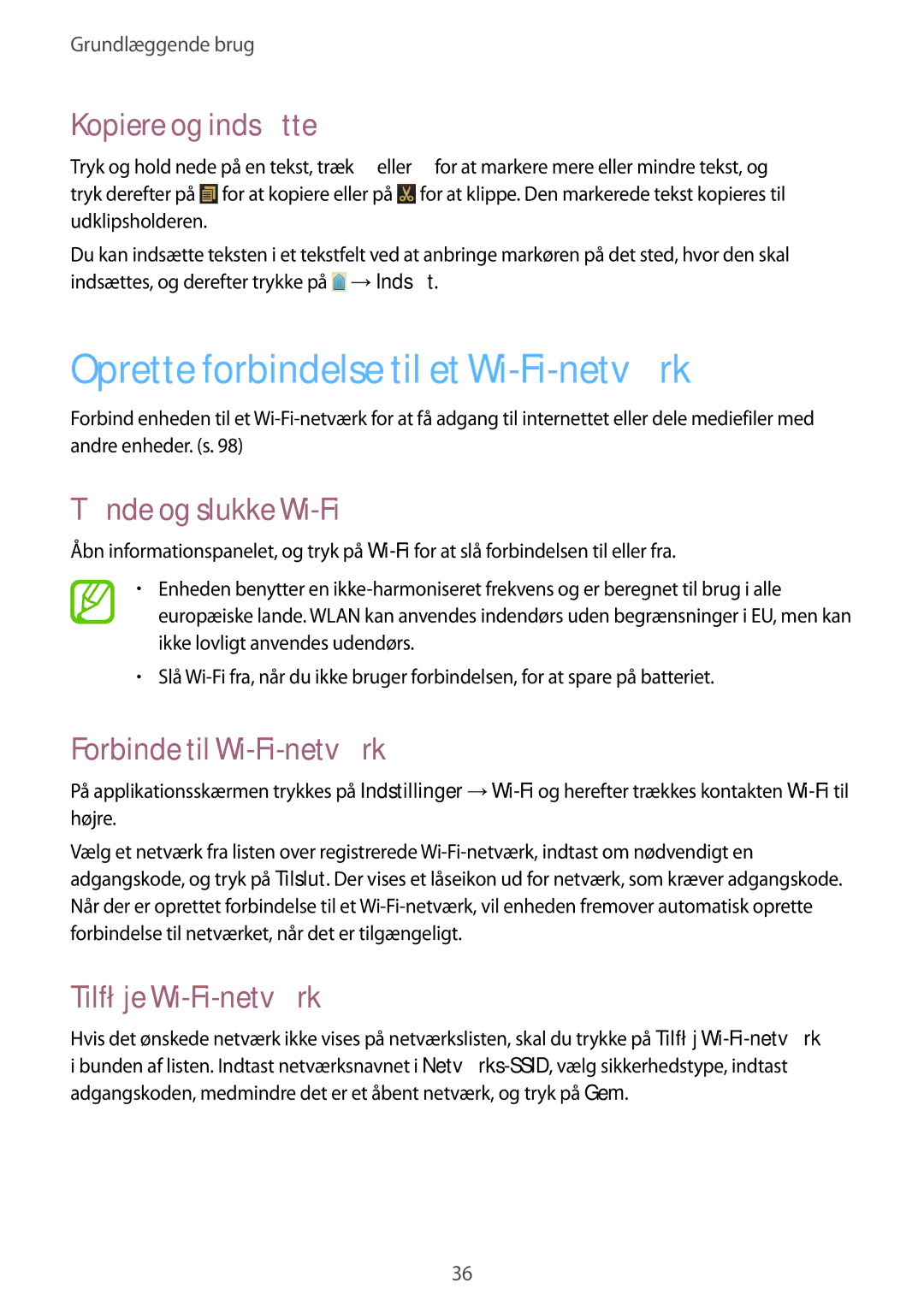 Samsung GT-I8730TAANEE manual Oprette forbindelse til et Wi-Fi-netværk, Kopiere og indsætte, Tænde og slukke Wi-Fi 