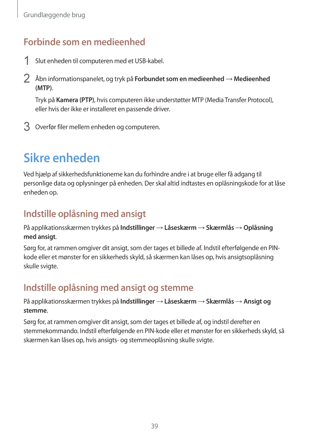 Samsung GT-I8730ZWANEE, GT-I8730TAANEE manual Sikre enheden, Forbinde som en medieenhed, Indstille oplåsning med ansigt 