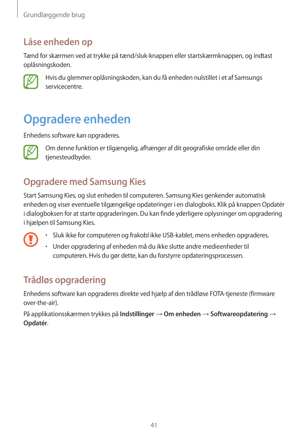 Samsung GT-I8730ZWANEE, GT-I8730TAANEE Opgradere enheden, Låse enheden op, Opgradere med Samsung Kies, Trådløs opgradering 