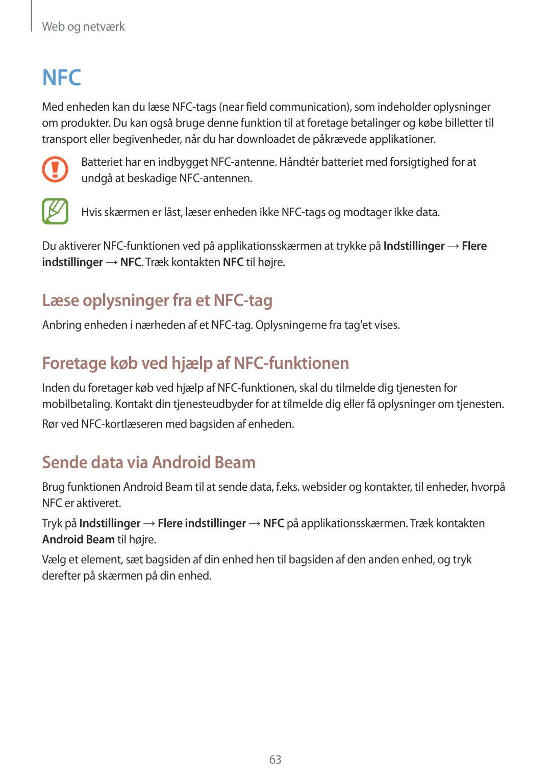 Samsung GT-I8730ZWANEE, GT-I8730TAANEE manual Læse oplysninger fra et NFC-tag, Foretage køb ved hjælp af NFC-funktionen 