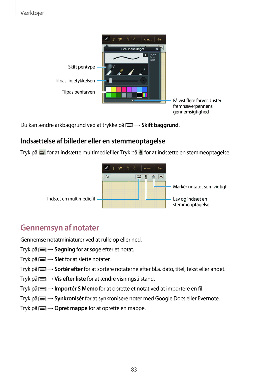 Samsung GT-I8730ZWANEE, GT-I8730TAANEE manual Gennemsyn af notater, Indsættelse af billeder eller en stemmeoptagelse 