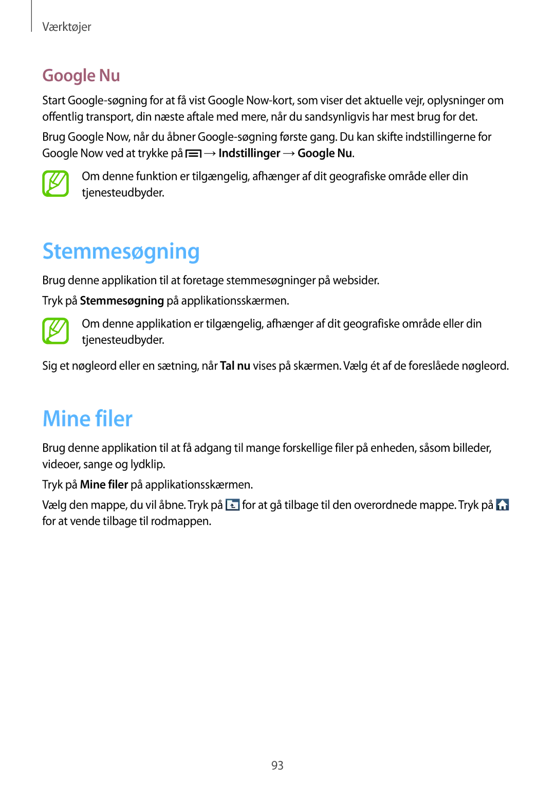 Samsung GT-I8730ZWANEE, GT-I8730TAANEE manual Stemmesøgning, Mine filer, Google Nu 