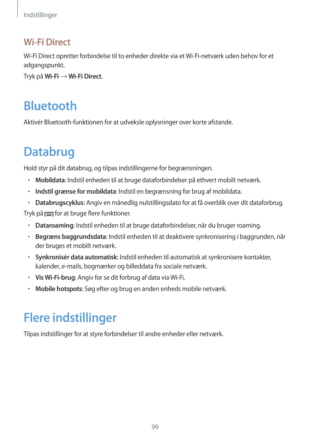 Samsung GT-I8730ZWANEE, GT-I8730TAANEE manual Databrug, Flere indstillinger, Tryk på Wi-Fi →Wi-Fi Direct 