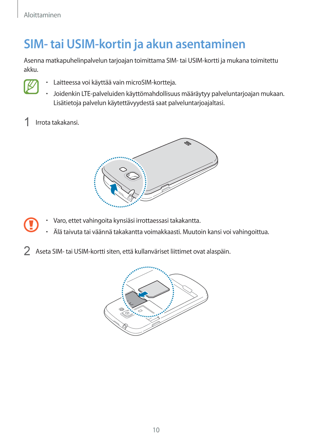 Samsung GT-I8730TAANEE, GT-I8730ZWANEE manual SIM- tai USIM-kortin ja akun asentaminen 