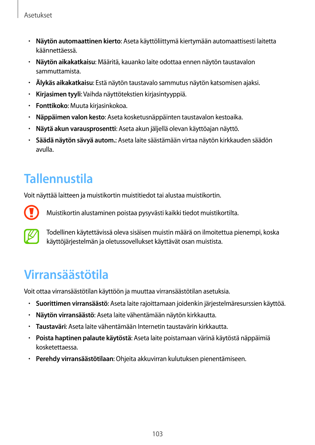 Samsung GT-I8730ZWANEE, GT-I8730TAANEE manual Tallennustila, Virransäästötila 