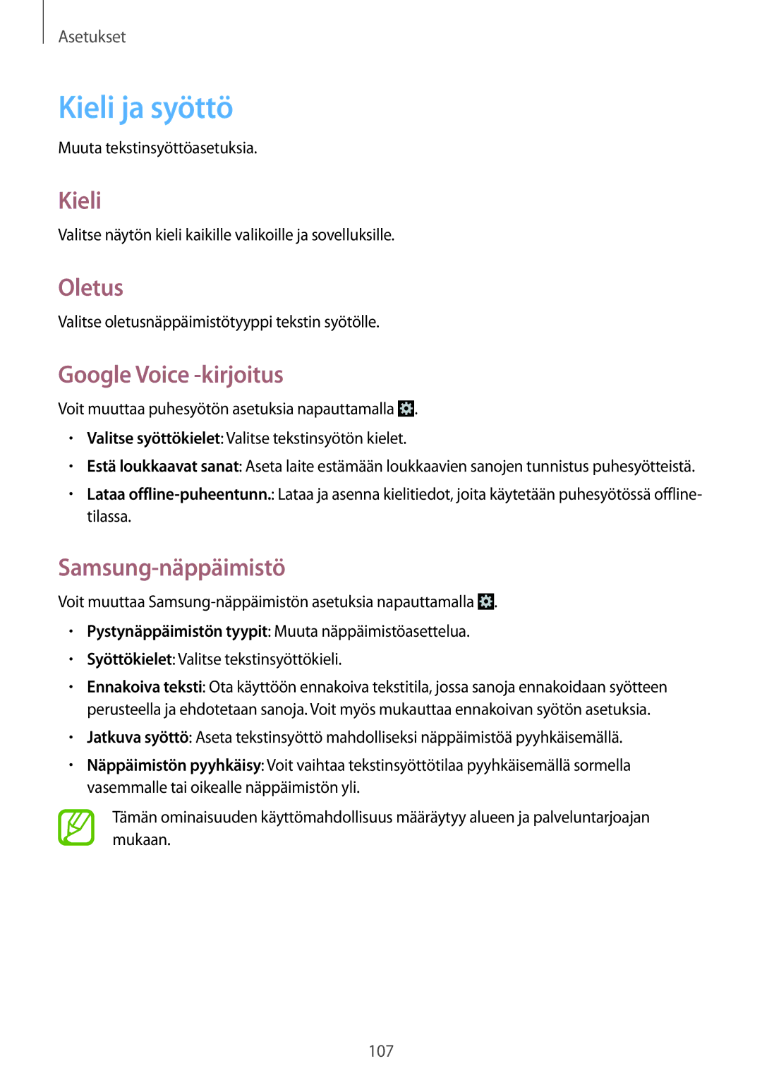 Samsung GT-I8730ZWANEE, GT-I8730TAANEE manual Kieli ja syöttö, Oletus, Google Voice -kirjoitus, Samsung-näppäimistö 