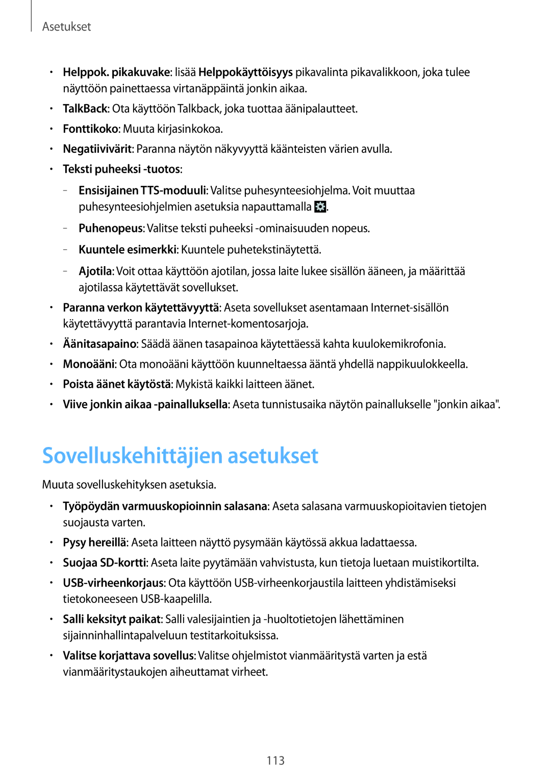 Samsung GT-I8730ZWANEE, GT-I8730TAANEE manual Sovelluskehittäjien asetukset, Teksti puheeksi -tuotos 