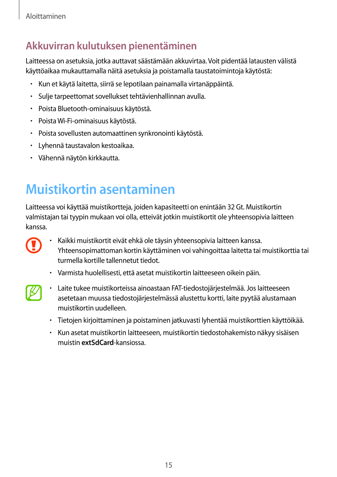 Samsung GT-I8730ZWANEE, GT-I8730TAANEE manual Muistikortin asentaminen, Akkuvirran kulutuksen pienentäminen 