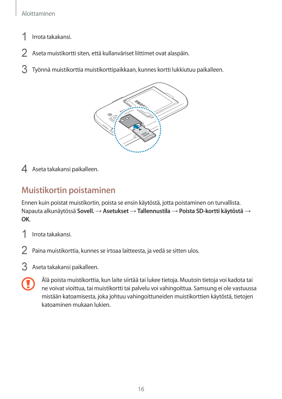 Samsung GT-I8730TAANEE, GT-I8730ZWANEE manual Muistikortin poistaminen, Aseta takakansi paikalleen 