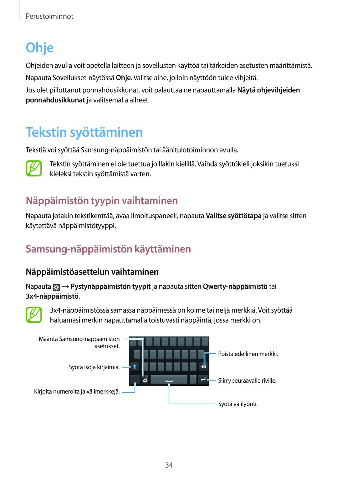 Samsung GT-I8730TAANEE manual Ohje, Tekstin syöttäminen, Näppäimistön tyypin vaihtaminen, Samsung-näppäimistön käyttäminen 