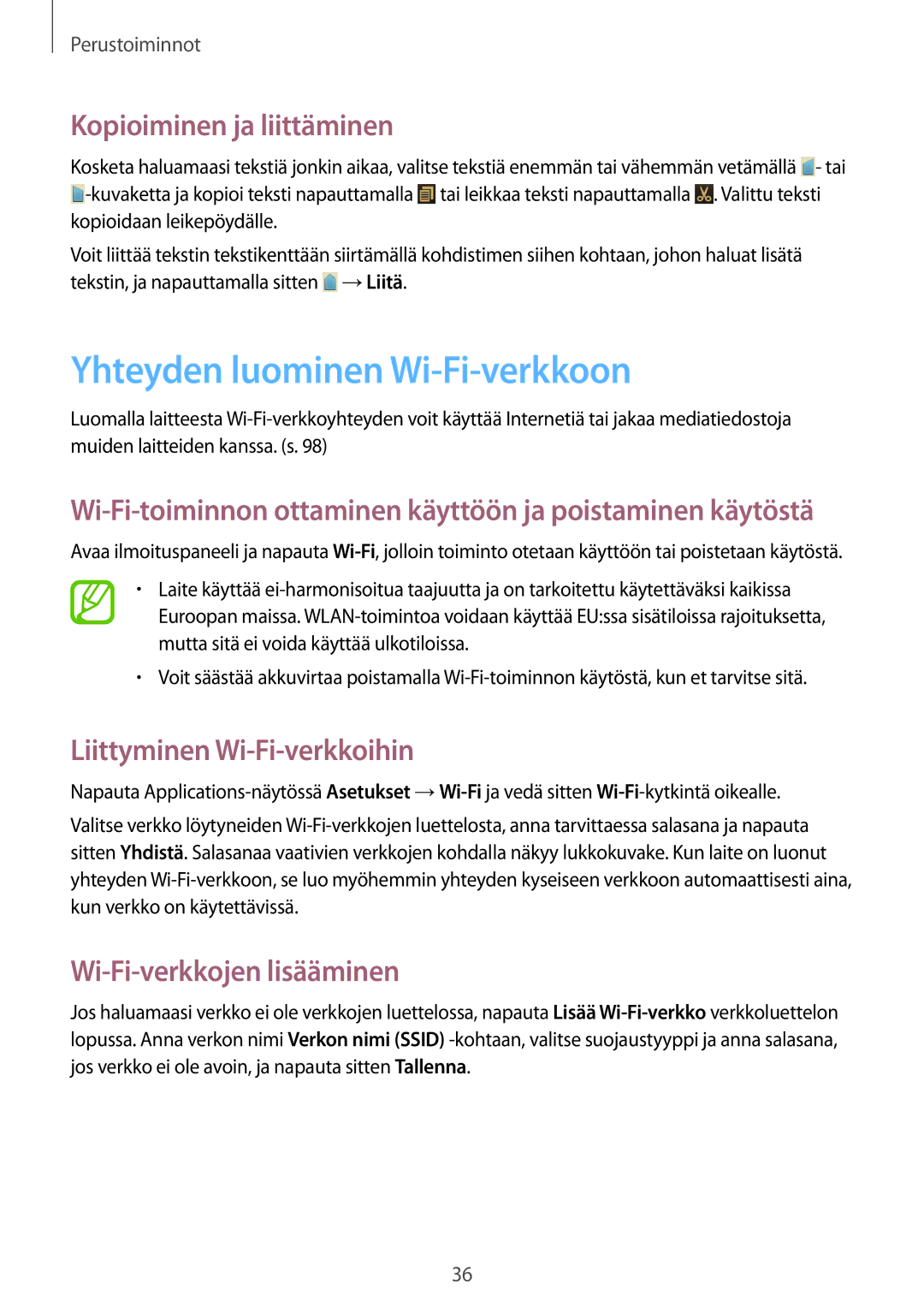 Samsung GT-I8730TAANEE manual Yhteyden luominen Wi-Fi-verkkoon, Kopioiminen ja liittäminen, Liittyminen Wi-Fi-verkkoihin 