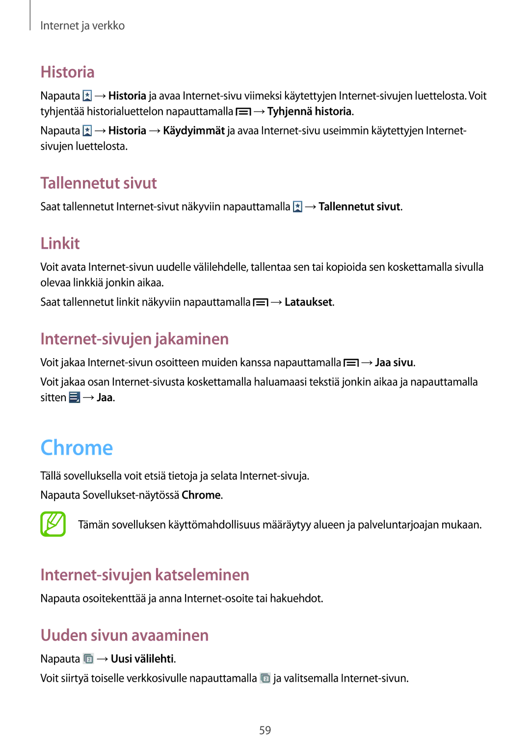 Samsung GT-I8730ZWANEE, GT-I8730TAANEE manual Chrome, Historia, Tallennetut sivut, Linkit, Internet-sivujen jakaminen 