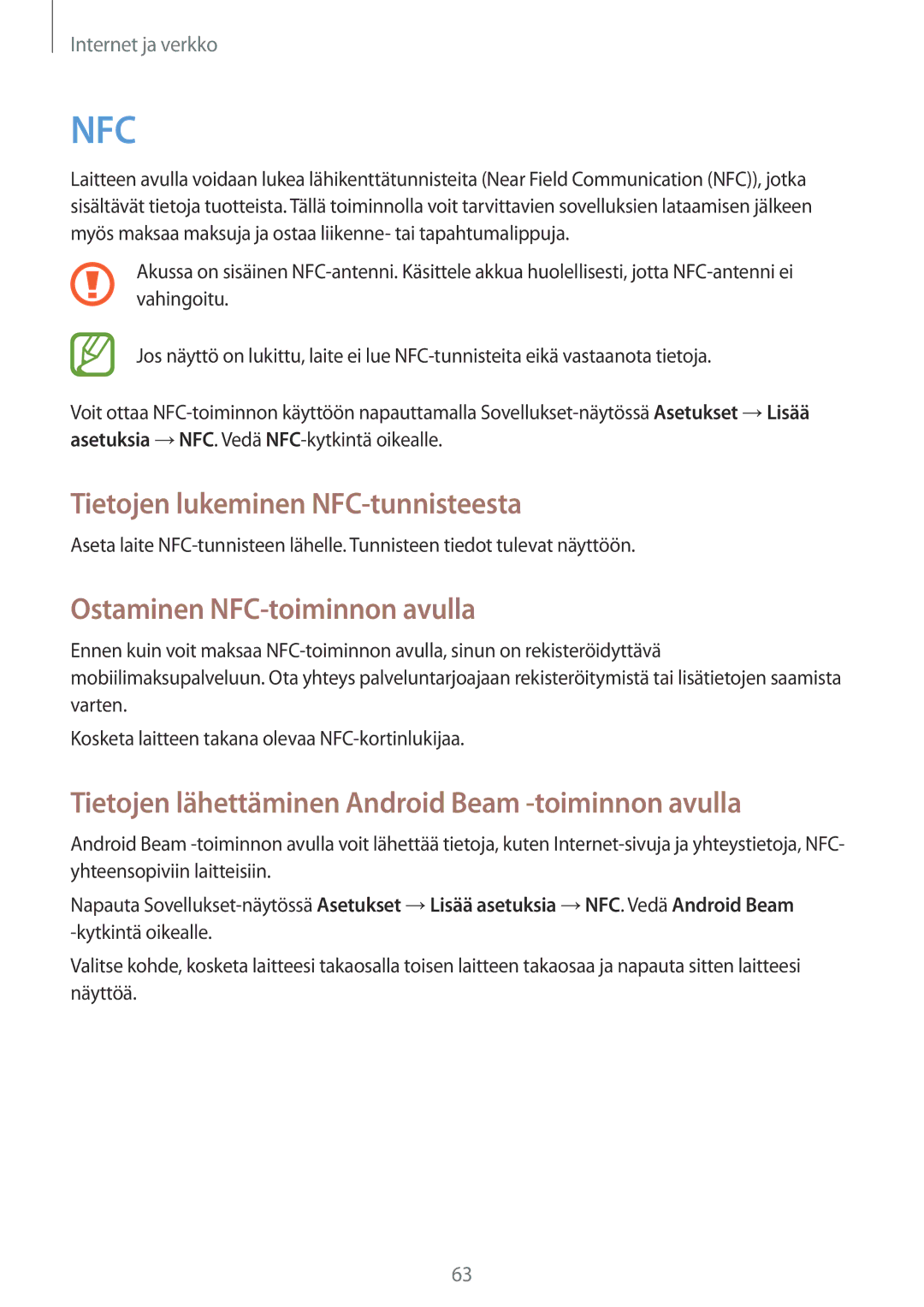 Samsung GT-I8730ZWANEE, GT-I8730TAANEE manual Tietojen lukeminen NFC-tunnisteesta, Ostaminen NFC-toiminnon avulla 