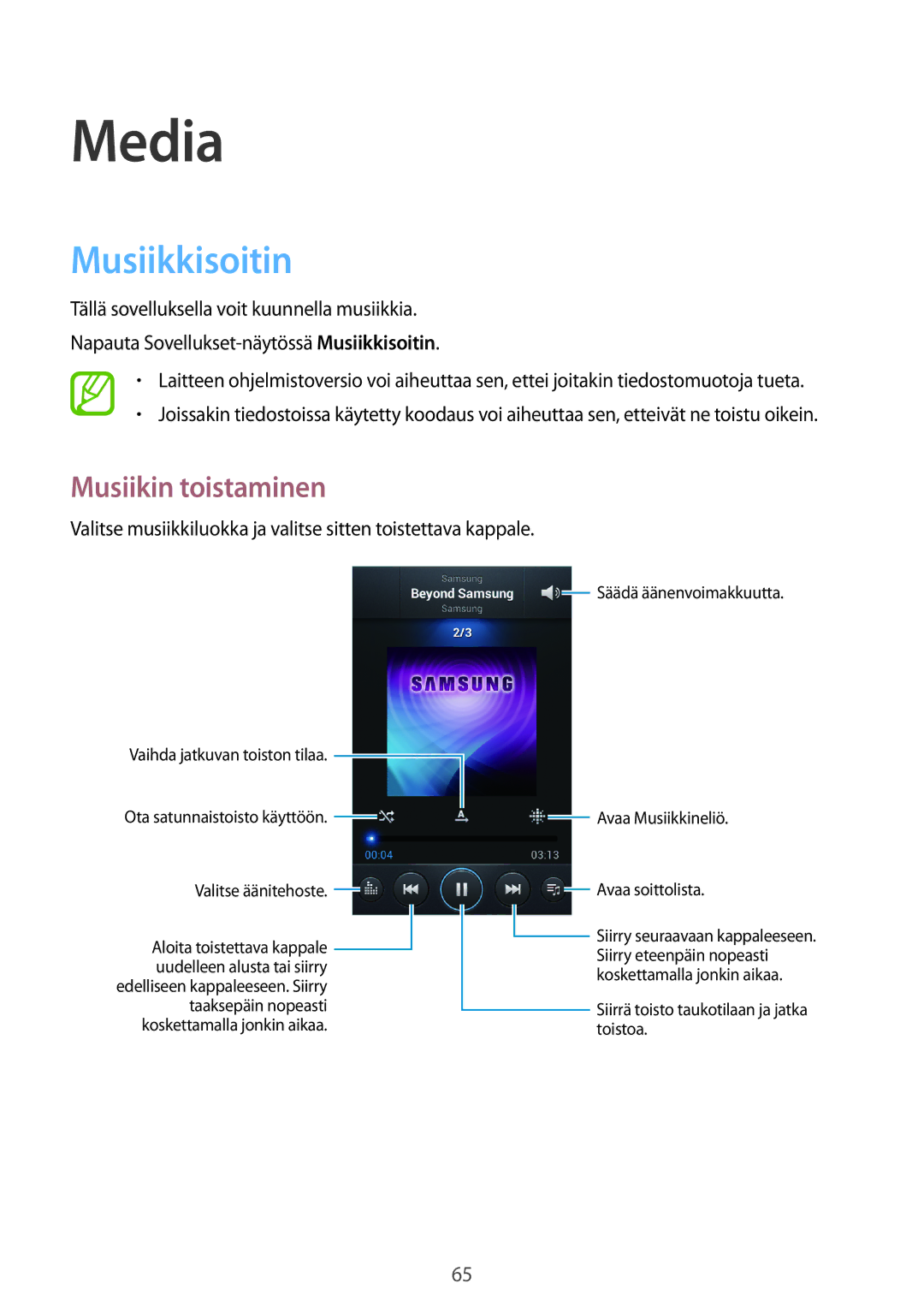 Samsung GT-I8730ZWANEE, GT-I8730TAANEE manual Media, Musiikkisoitin, Musiikin toistaminen 