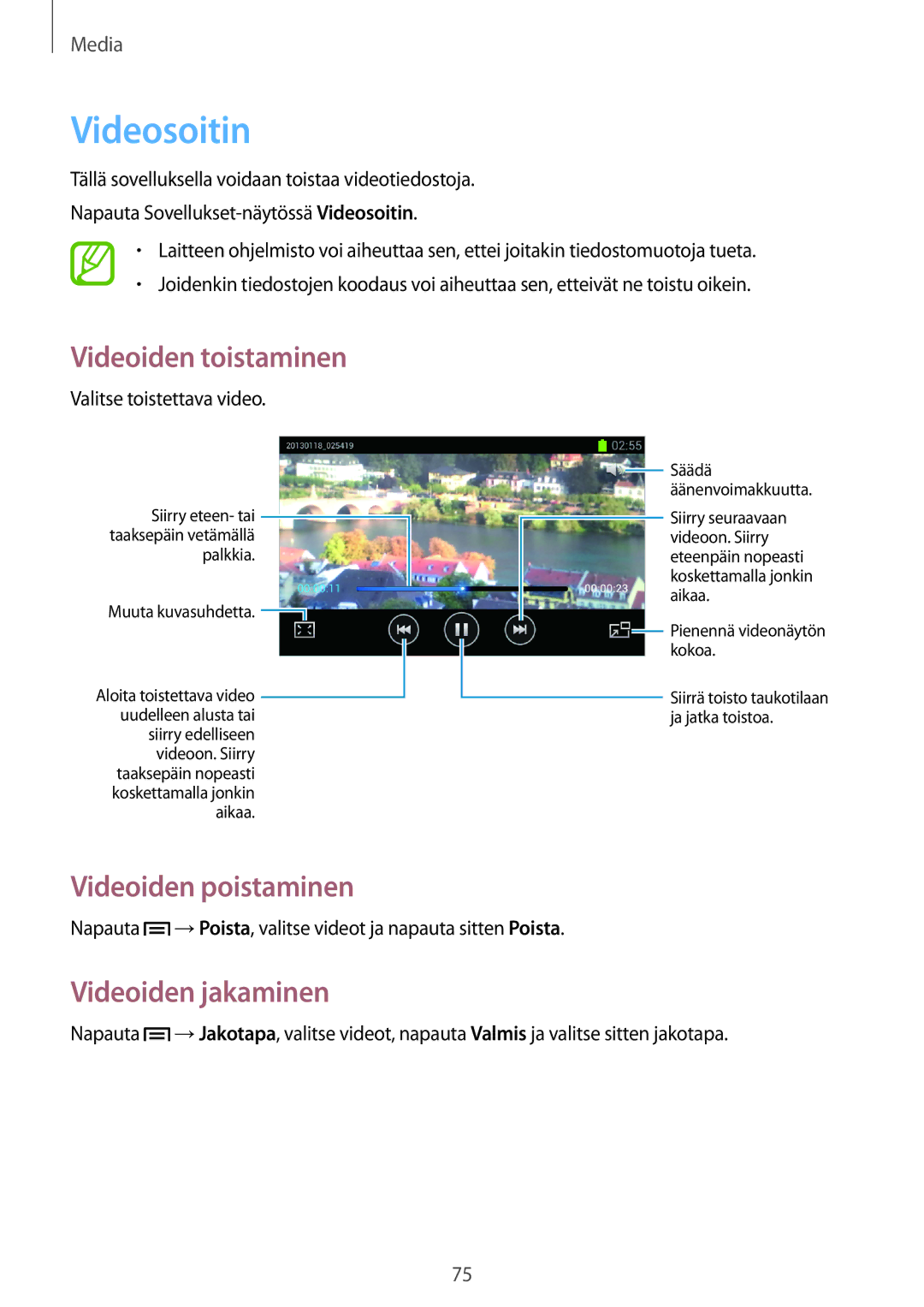 Samsung GT-I8730ZWANEE, GT-I8730TAANEE manual Videosoitin, Videoiden poistaminen, Videoiden jakaminen 