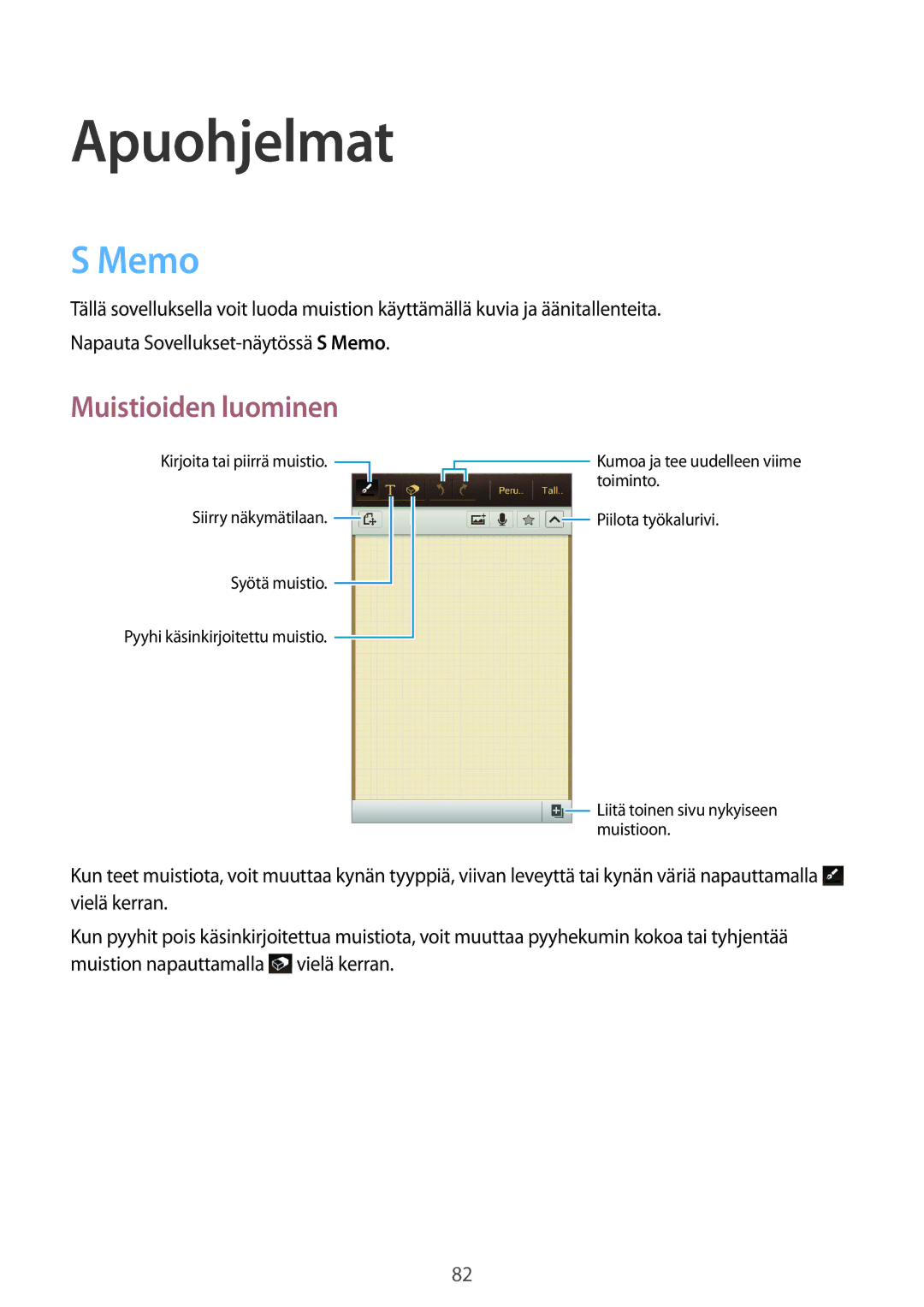 Samsung GT-I8730TAANEE, GT-I8730ZWANEE manual Apuohjelmat, Memo, Muistioiden luominen 