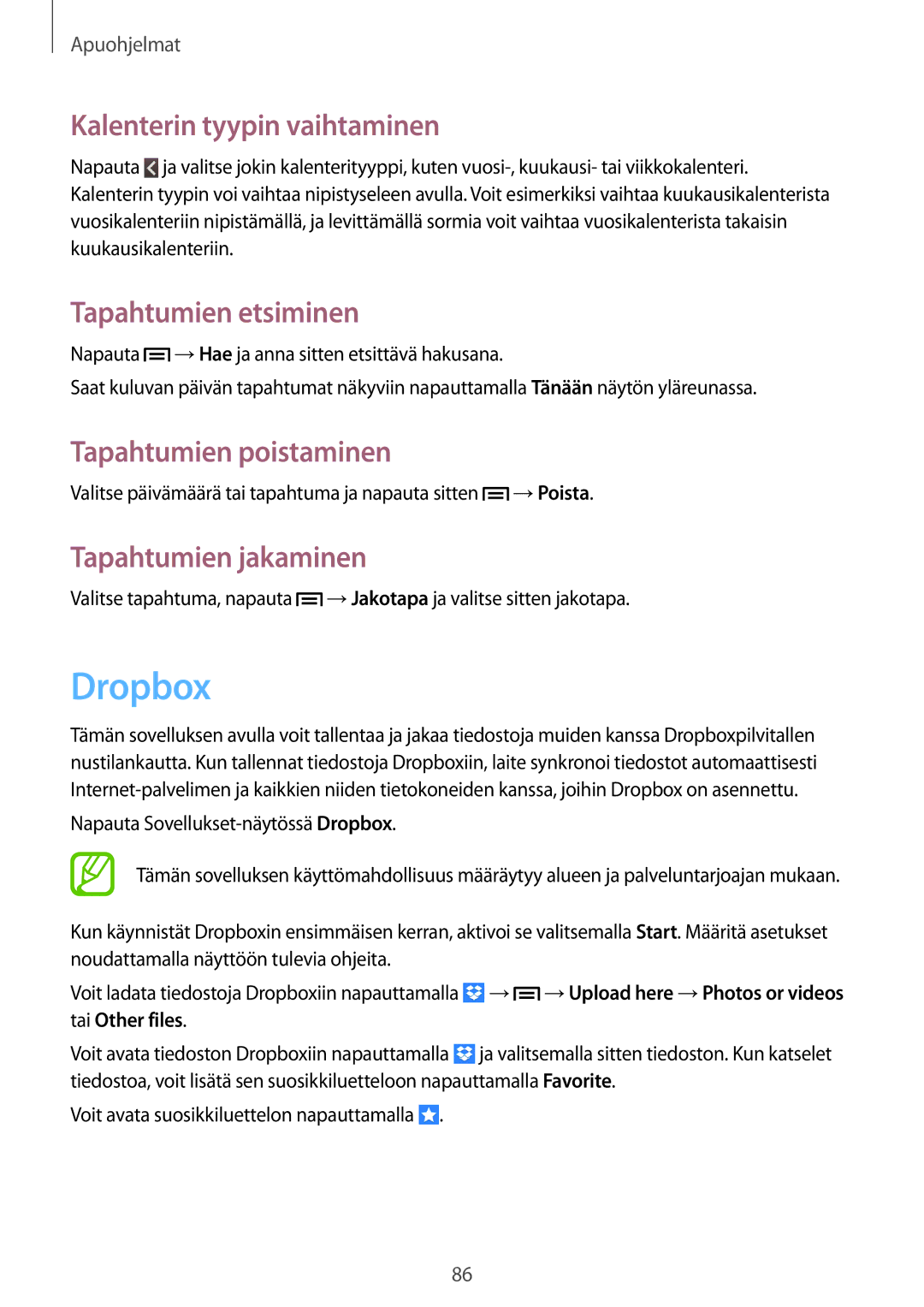 Samsung GT-I8730TAANEE manual Dropbox, Kalenterin tyypin vaihtaminen, Tapahtumien etsiminen, Tapahtumien poistaminen 