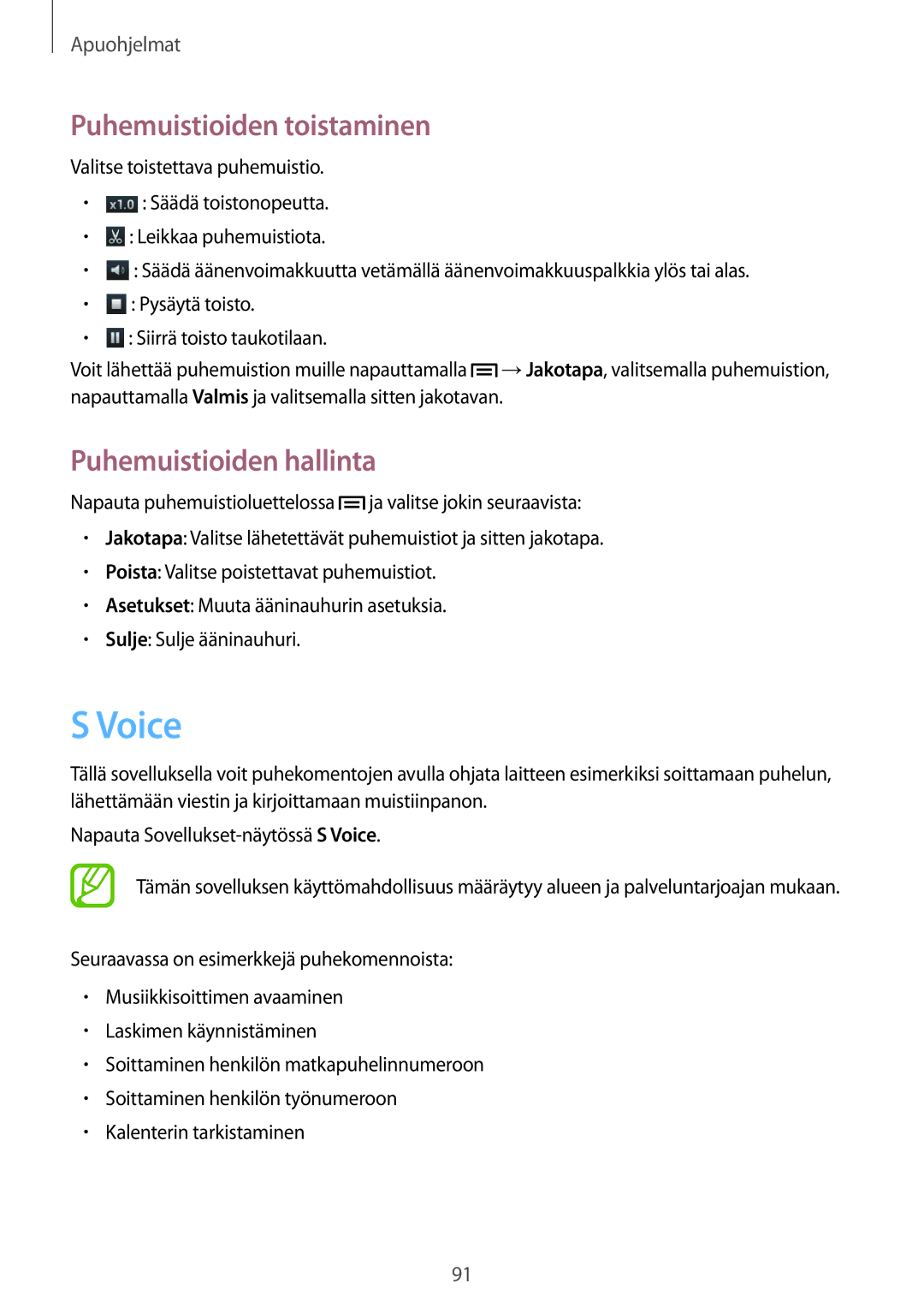 Samsung GT-I8730ZWANEE, GT-I8730TAANEE manual Voice, Puhemuistioiden toistaminen, Puhemuistioiden hallinta 