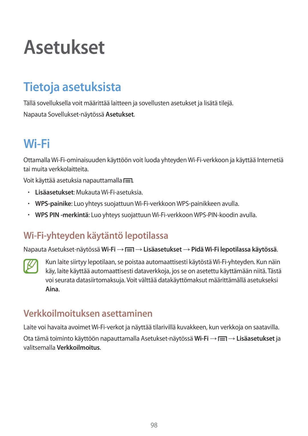 Samsung GT-I8730TAANEE, GT-I8730ZWANEE manual Asetukset, Tietoja asetuksista, Wi-Fi-yhteyden käytäntö lepotilassa 